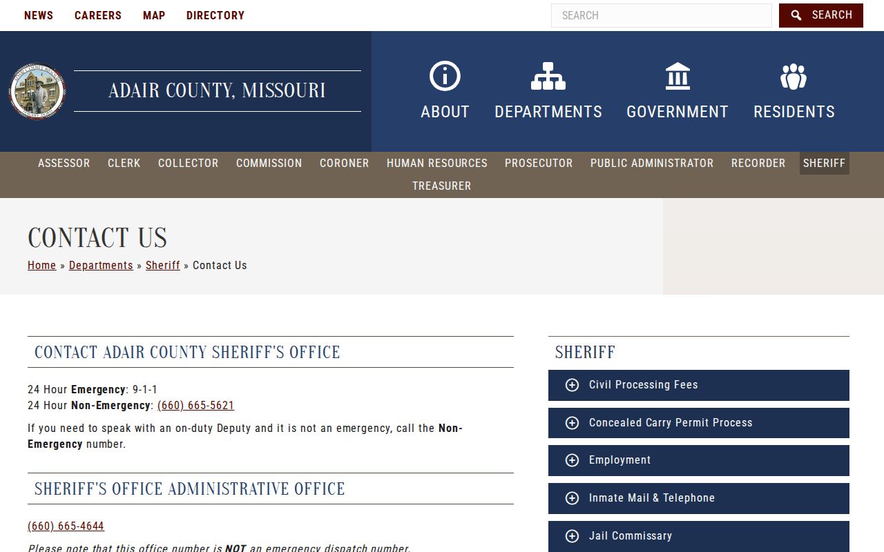 Official Adair County sheriff contact page showing detention center information
