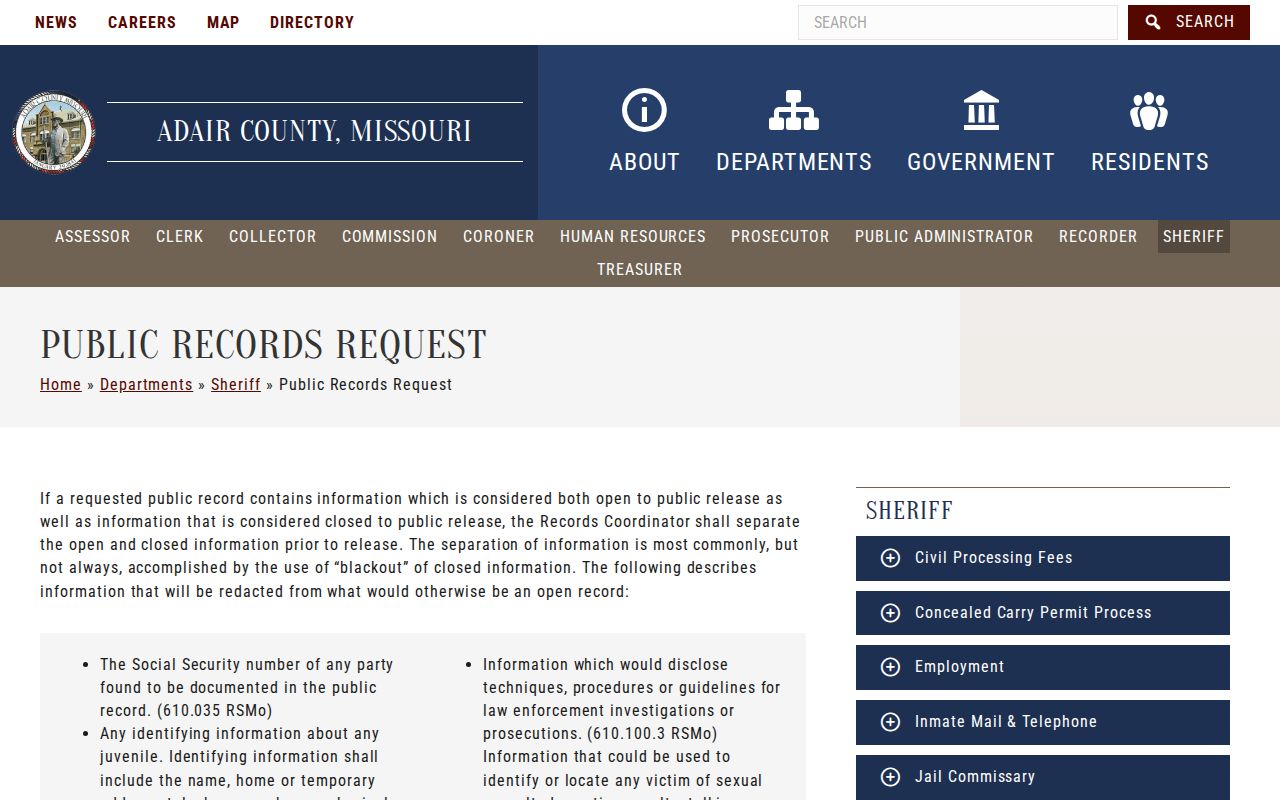 Adair County released inmate records request page
